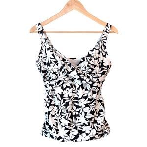 Lands’ End V-Neck Wrap Underwire Tankini Top Womens 10 Petite Black White Floral